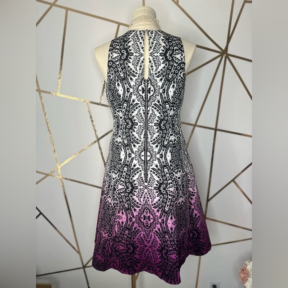 Maggy London Black, White, Purple Ombré A-line Midi Dress Halter Neckline (878) - Picture 4 of 17